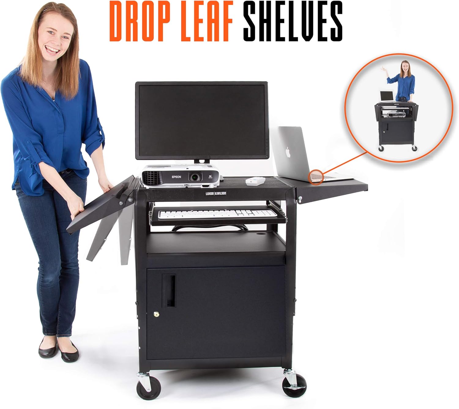 Black Height Adjustable Utility Cart with Locking Cabinet and Drop Leaves E329