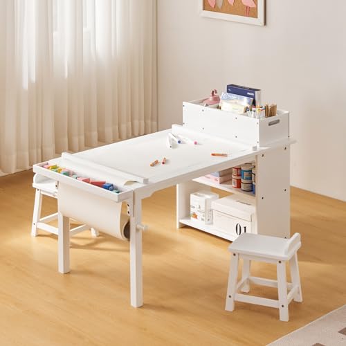 White Drawing and Art Table & Chair Set with Canvas Bins and Paper Roll Rack V2911