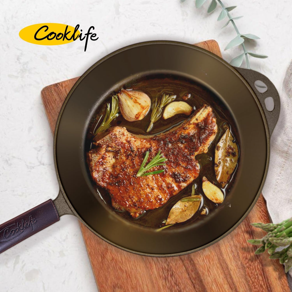 10.25 Inch Smooth Pre-Seasoned Round Cast Iron Skillet with Handle Cover Q974
