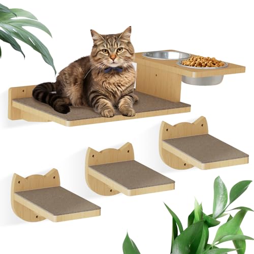 Cat Wall Shelves with 3 Steps and 2 Food Bowls D4614