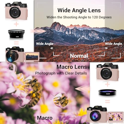 56MP 16X Digital Zoom WiFi 3'' 180° Flip Screen Compact Camera with 2 Batteries 64GB Micro SD Card (Black) A100753