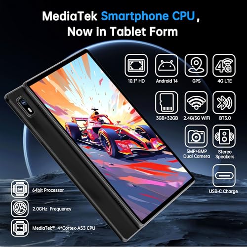 10 inch Android 14 Tablet with 4G LTE Cellular, 10GB+32GB, Protective Case, GPS, 2.0GHz Processor, 8MP Camera, 1TB TF Expandable O6608