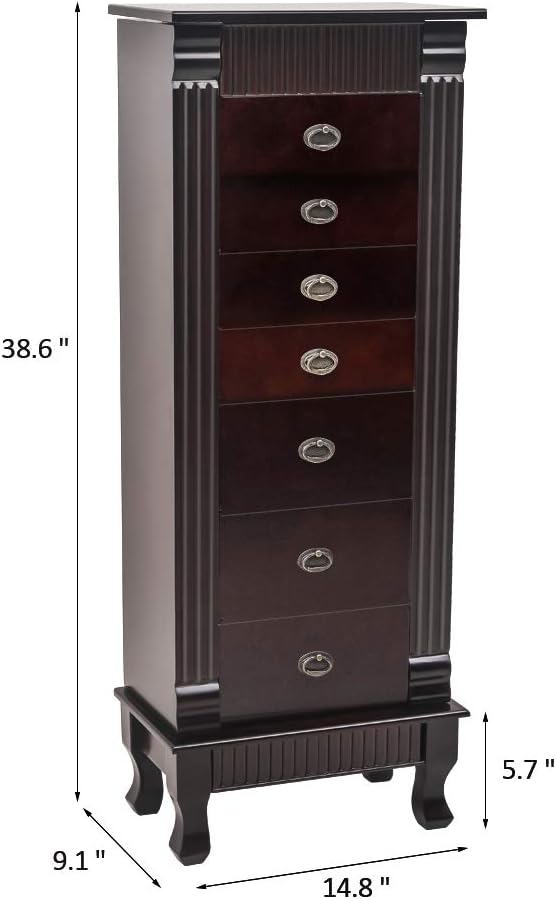 Brown 7 Drawer Jewelry Armoire Cabinet with 2 Doors D4717