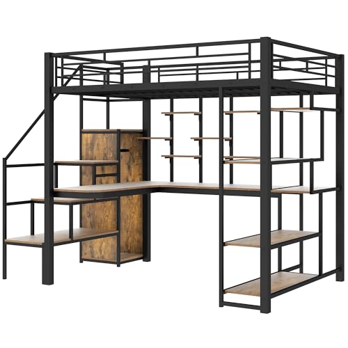 White Full Size Metal Loft Bed with Storage Staircase and Wardrobe X625827