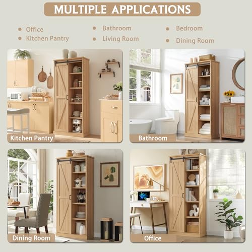 White Tall Wood Kitchen Pantry with Sliding Barn Door C96939