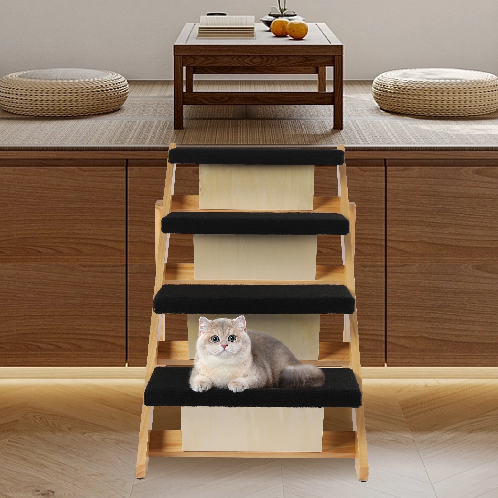 Pet Stairs Foldable Pine Wood Natural Black V68854
