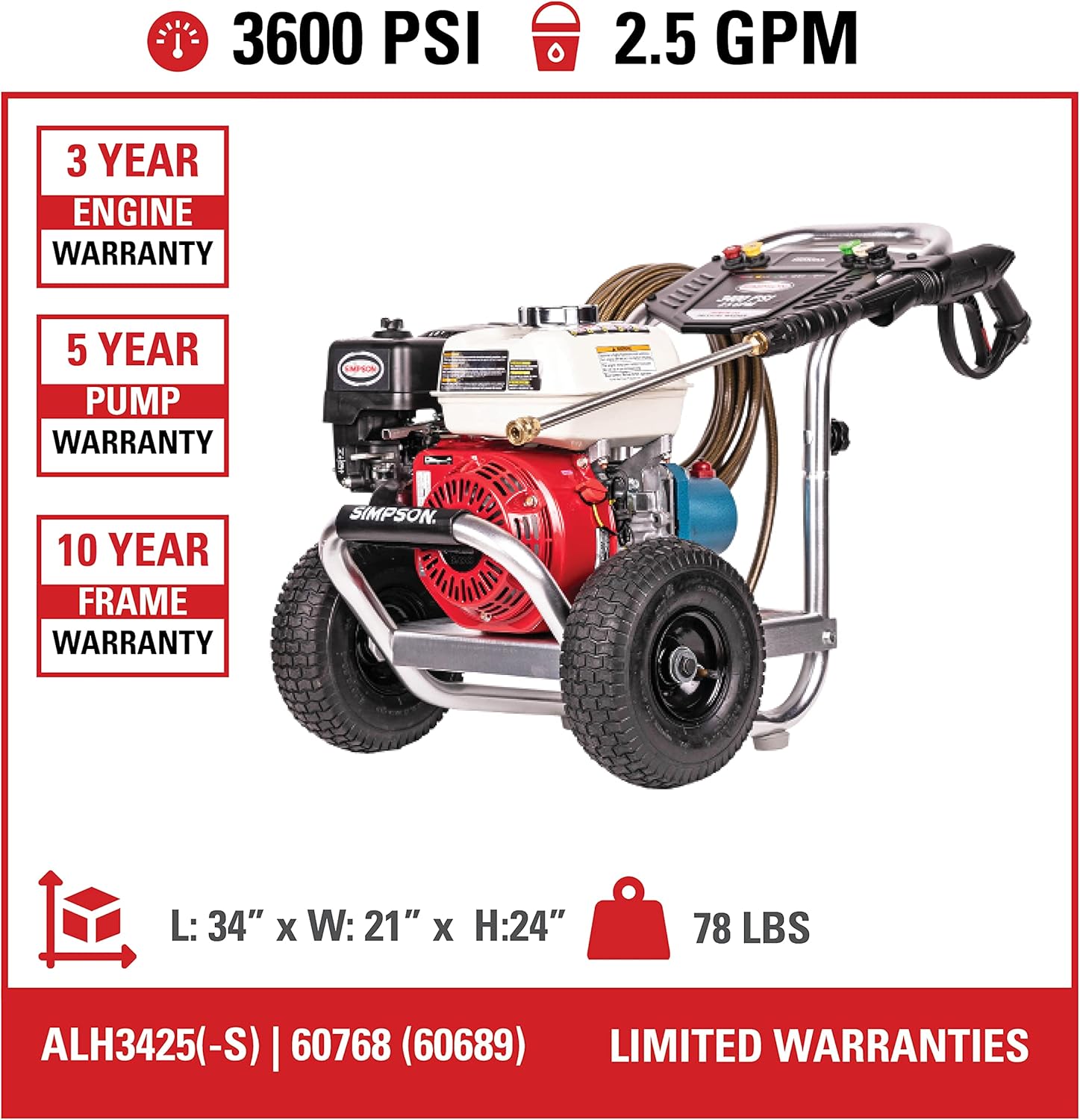 Aluminum Gas Pressure Washer, 3600 PSI @ 2.5 GPM M113016