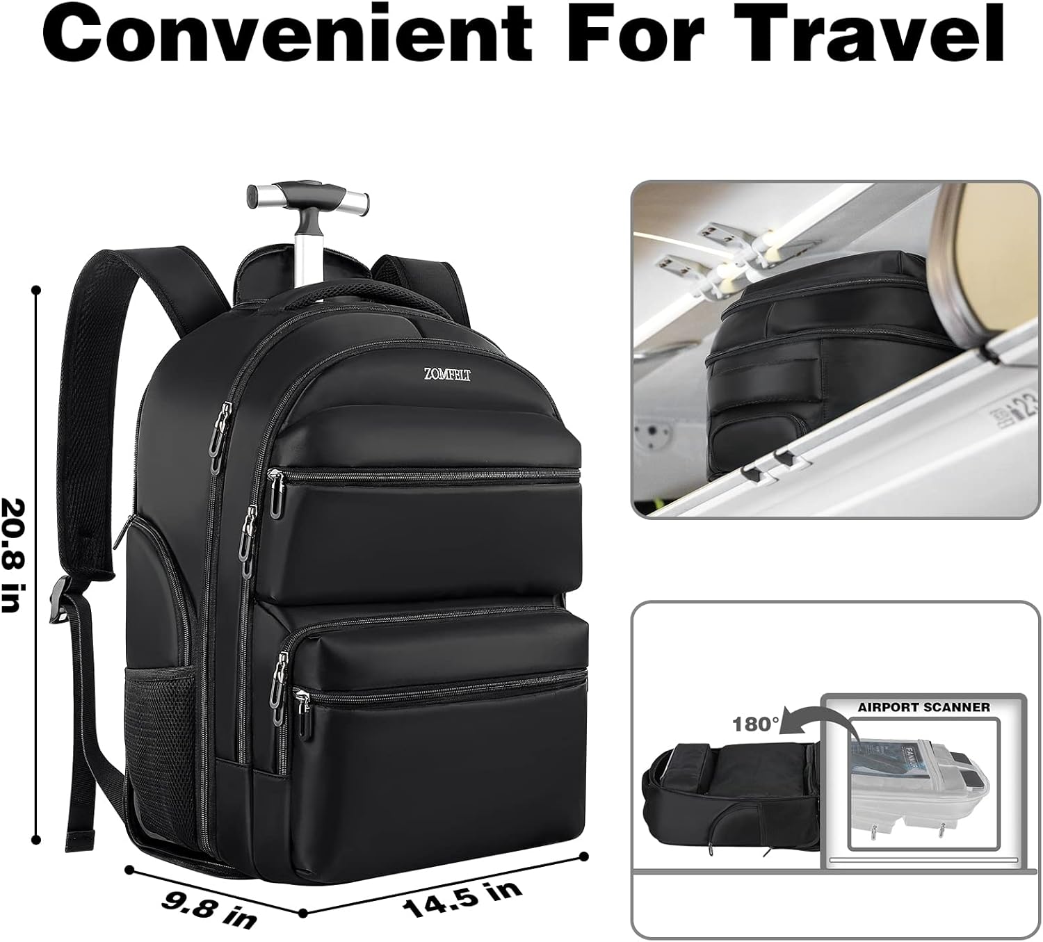 Black Rolling Backpack with Wheels Y4592