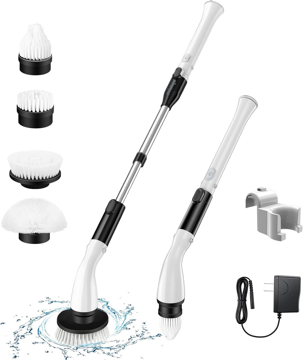 Electric Spin Scrubber with 4 Replaceable Brush Heads and Adjustable Extension Handle (White) Pack of 2 M2213