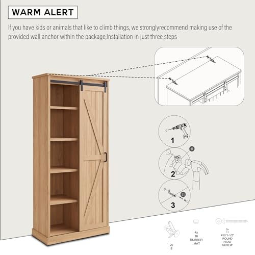 White Tall Wood Kitchen Pantry with Sliding Barn Door C96939