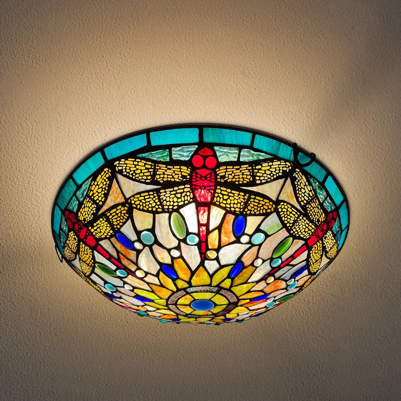 Red Dragonfly Stained Glass Flush Mount Ceiling Light B749