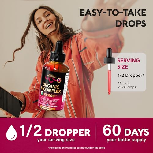 USDA Organic Vitamin B12 Sublingual Drops 5000 mcg Liquid Vegan Methylcobalamin 2 fl oz U402444