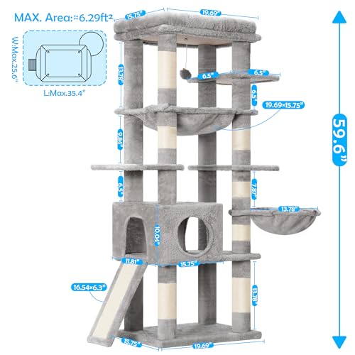 Smoky Gray 60 inches Cat Tree Tower with Scratching Posts K528