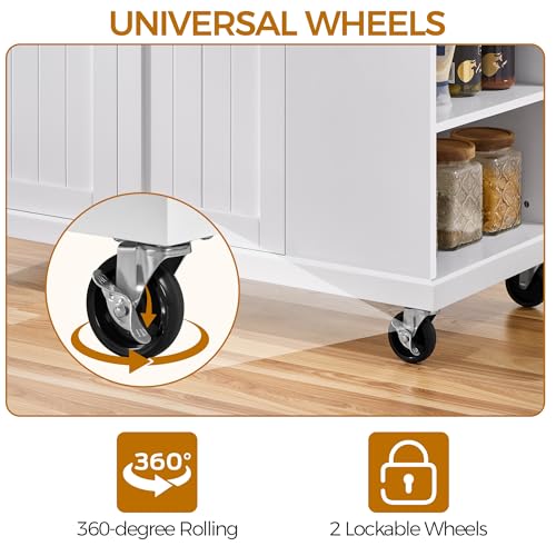 White Rolling Kitchen Island Cart with Drop Leaf, 2 Drawers H155