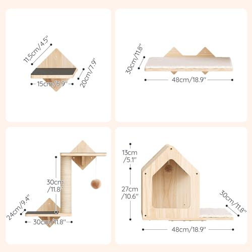 Natural Wood Cat Wall Shelves Set of 5 with House Steps Scratching Post Perch K6004