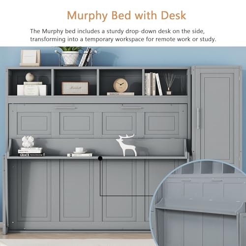 Gray Murphy Cabinet Storage Wall Bed with Closet and Drawers and Built-in Top Shelf R4609
