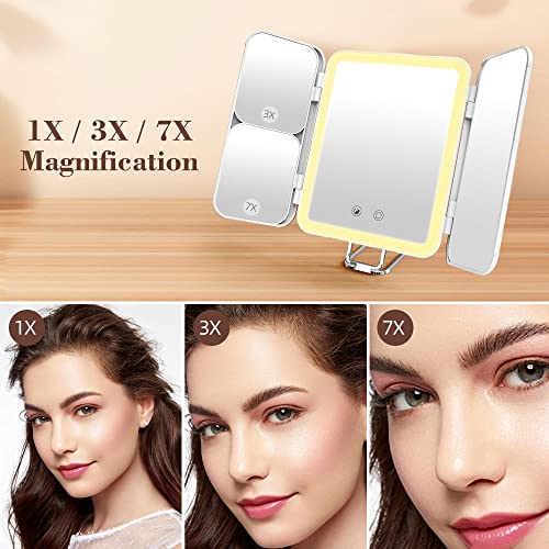 Purple Travel Makeup Mirror with 64 LED Lighted Vanity Mirror 1X 3X 7X Magnification Tri-Fold Compact Mirror Touch Light Rechargeable P629