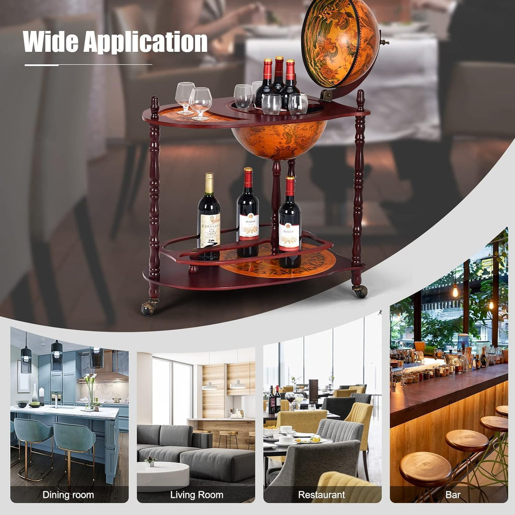 34.5’’ Wine Bar Cart with Wheels, 2 Storage Shelves, Wood Liquor Cabinet F98666