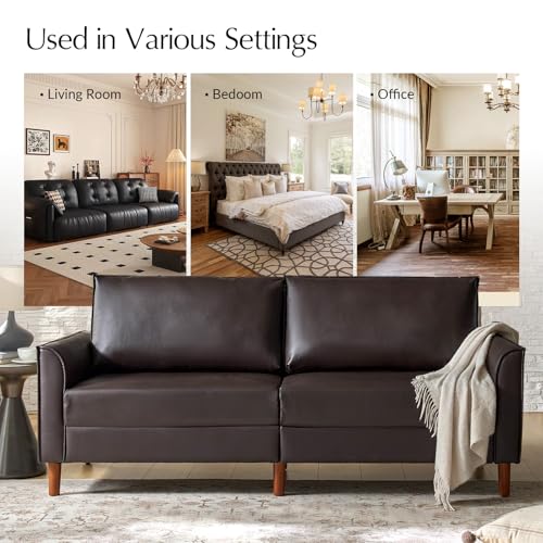 Brown Faux Leather 3-Seater Sofa with Solid Wood Legs I1454