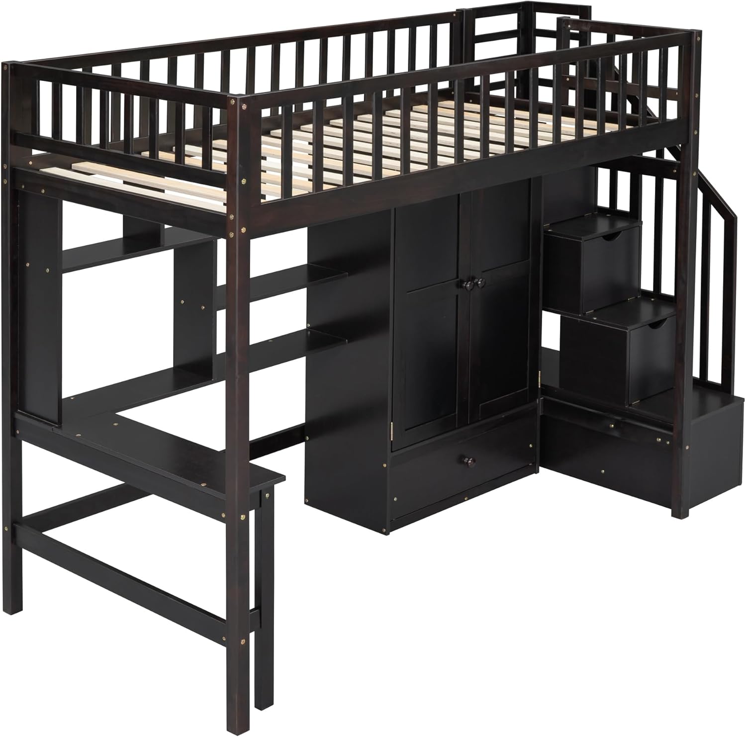 Twin Size Solid Wood Loft Bed with Stairs, Desk, Bookshelf, Drawers and Wardrobe G609