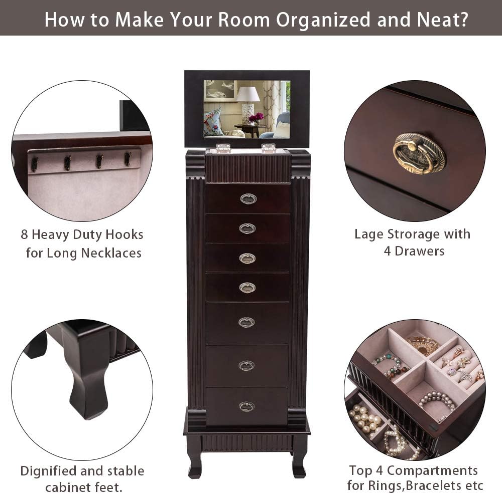 Brown 7 Drawer Jewelry Armoire Cabinet with 2 Doors D4717