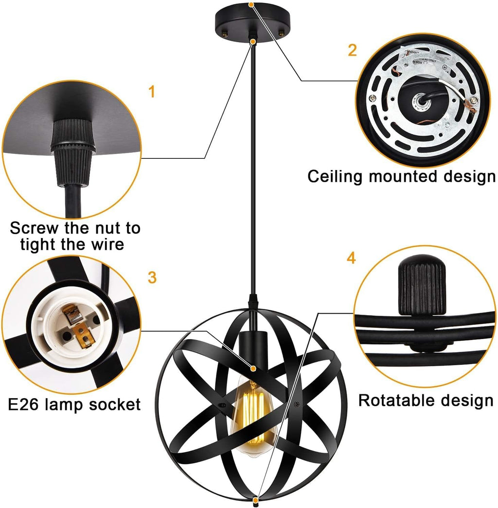Industrial Black Metal Globe Pendant Light T14746