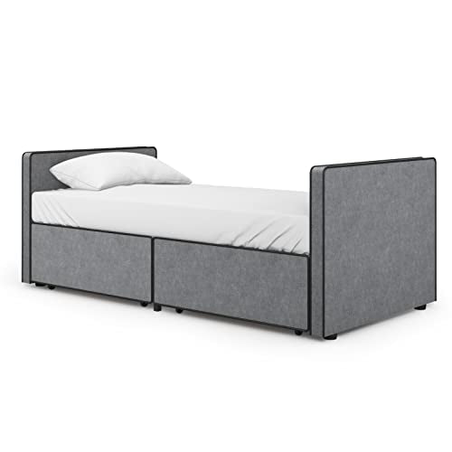 Twin Size Platform Bed Frame with 2 Storage Drawers in Gray Fabric H368