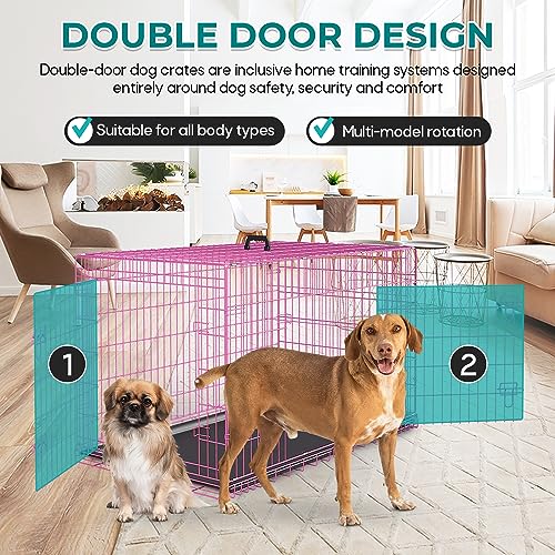 Large Foldable Metal Wire Dog Crate with Double-Door Tray L317