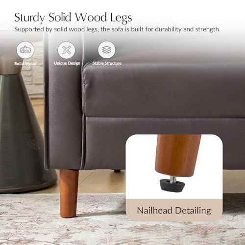 Brown Faux Leather 3-Seater Sofa with Solid Wood Legs I1454