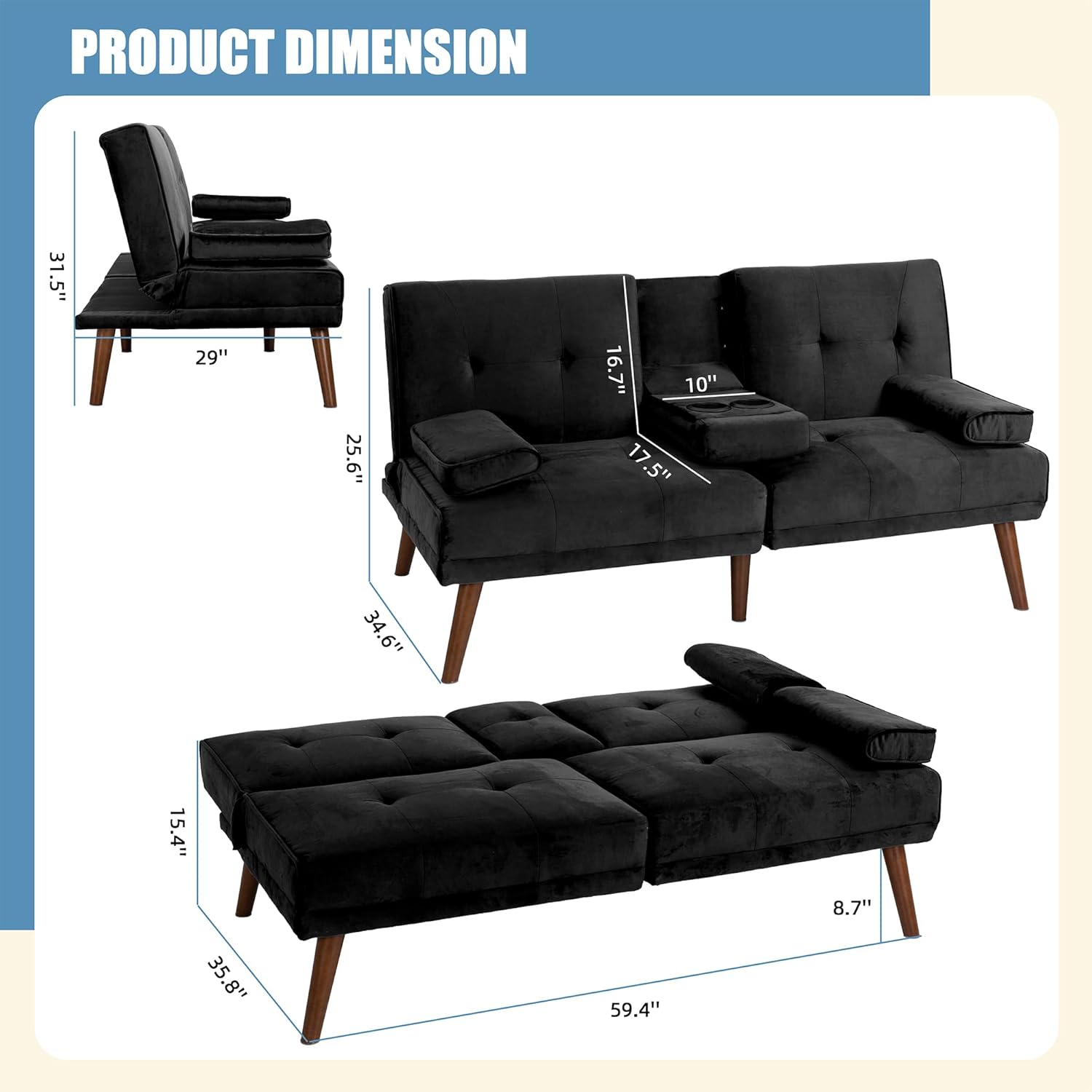 Black Convertible Sofa Bed with Cup Holder Z25838