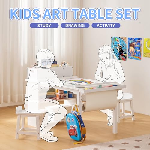 White Drawing and Art Table & Chair Set with Canvas Bins and Paper Roll Rack V2911