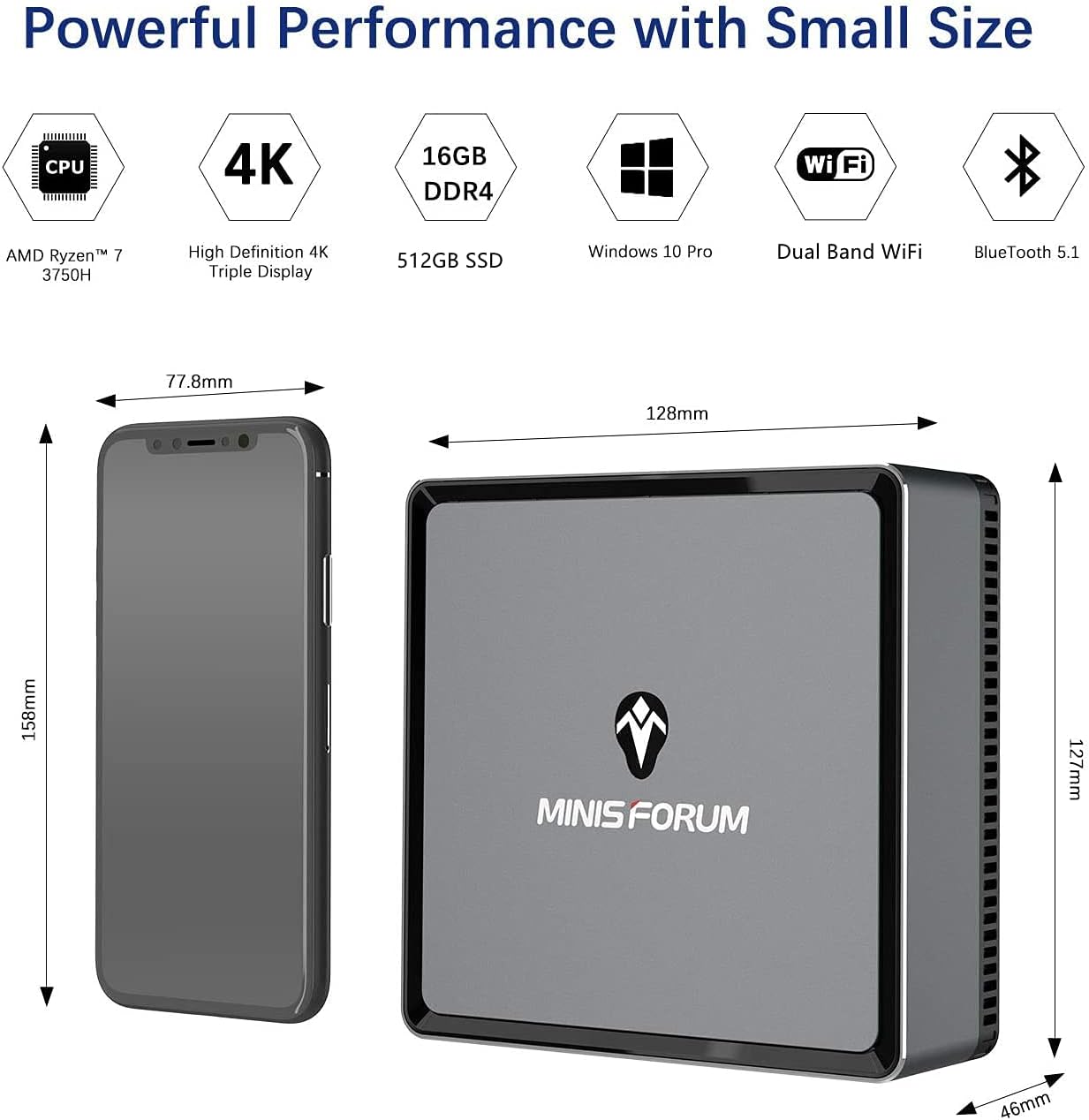 Mini PC AMD Ryzen 7 3750H 16 GB RAM 512 GB PCIe SSD Radeon RX Vega 10 Graphics Dual WiFi BT 5.1 HDMI Display USB-C RJ45 4X USB 3.0 Ports Small Form Factor M7771