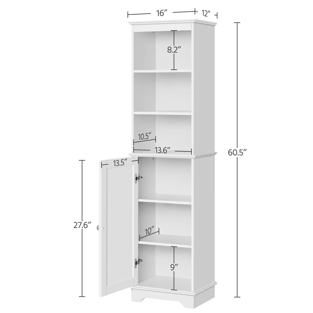 White Tall Wooden Bathroom Floor Cabinet with Single Door and Shelves D770