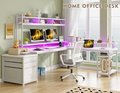 White 64" L Shaped Gaming Desk with Hutch, Drawers, Storage Shelves, Monitor Stand and LED Light G531568