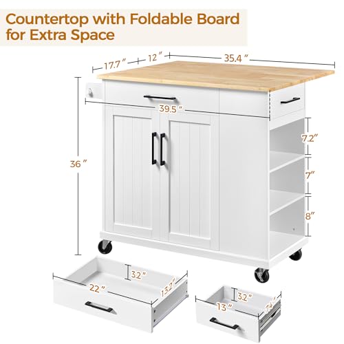 White Rolling Kitchen Island Cart with Drop Leaf, 2 Drawers H155